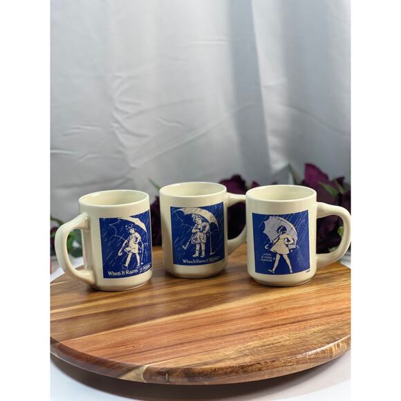 Set of 3 Vintage Morton Salt Girl Coffee Mugs - When it Rains it Pours - Picture 1 of 8